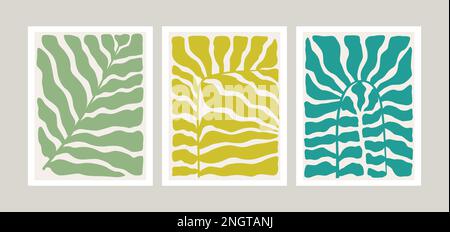 Set aus trendigen minimalistischen botanischen Vektorbildern als abstrakte Linienkunstkompositionen mit Blättern, ideal für Kunstgalerien, moderne Wandkunstposter Stock Vektor