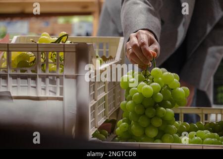 In einem Laden wählt eine Frau Trauben aus Stockfoto