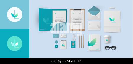 Unternehmensidentität mit blauem Logo für Umweltmarkt oder Wellnessunternehmen, minimaler Yoga-Stil mit naturgrünen Blättern bis hin zu Schreibwaren Stock Vektor