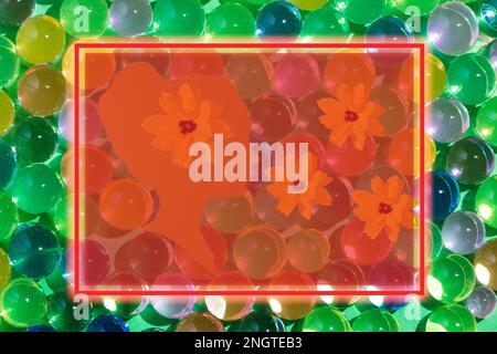 Grüner abstrakter Hintergrund mit 3D durchsichtigen Kugeln und transparentem Leuchtrahmen als Kopierbereich. Durch den Rahmen sehen Sie die Silhouette einer Frau Stockfoto