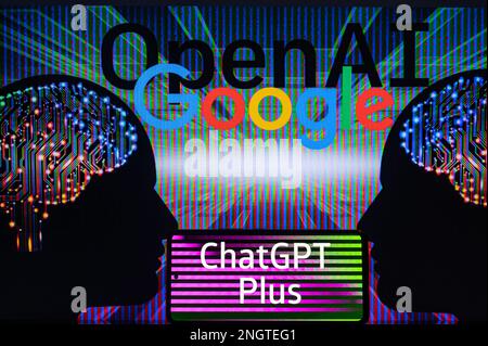 Google – OpenAI wird auf dem Bildschirm mit ChatGPT auf Mobilgeräten angezeigt, wie in dieser Abbildung dargestellt. Am 19. Februar 2023 in Brüssel, Belgien. Stockfoto