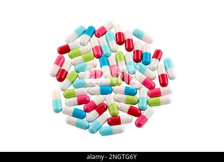 Bunte Pillen isoliert auf weißem Hintergrund mit Schnittweg Stockfoto