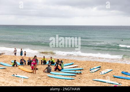 Gruppe von Personen, die im Sommer 2023 Surfunterricht am Manly Beach in Sydney, Australien, haben Stockfoto