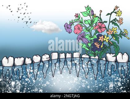 Wunderschöne, farbenfrohe Zähne mit Blumen, handgezeichnete Dental Canvas Illustration, Zahnarztdekor Stockfoto