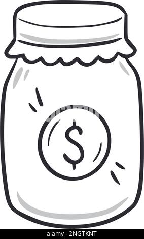 Geld-Glas-Doodle. Symbol für eine handgezeichnete Skizze, um Geld zu sparen. Geschäftsinvestitionen, finanzielle Wohltätigkeitsarbeit, gezeichnetes Konzept. Vektordarstellung. Stock Vektor
