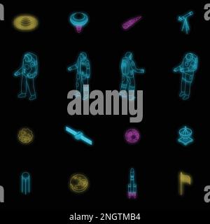 Astronautensymbole gesetzt. Isometrischer Satz von Astronautenvektorsymbolen Neonfarbe auf Schwarz Stock Vektor
