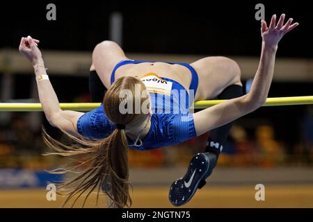 APELDOORN - Hochspringer Britt Weerman am zweiten Tag der niederländischen Hallenathletik-Meisterschaft. ANP OLAF KRAAK Stockfoto