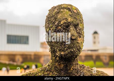 Margate, Großbritannien. 17. Februar 2023 Besucher besuchen Antony Gormley: Ein anderes Mal, am Nayland Rock, neben dem Turner Contemporary, in Margate. Das Werk wird erst enthüllt, wenn die Flut zurückgeht. Es ist eine von hundert soliden gusseisernen Figuren von Antony Gormley, die die Erfahrung des menschlichen Wesens erforschen. Leben an der Margate Küste. Kredit: Guy Bell/Alamy Live News Stockfoto