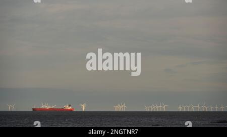 Margate, Großbritannien. 17. Februar 2023 Im Hintergrund befindet sich die riesige Windfarm Thames Estuary. Leben an der Margate Küste. Kredit: Guy Bell/Alamy Live News Stockfoto