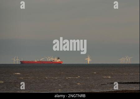 Margate, Großbritannien. 17. Februar 2023 Im Hintergrund befindet sich die riesige Windfarm Thames Estuary. Leben an der Margate Küste. Kredit: Guy Bell/Alamy Live News Stockfoto