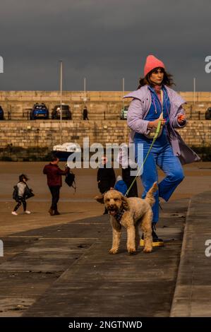 Margate, Großbritannien. 18. Februar 2023 Mit dem Hund an der Hafenmauer und am Strand spazieren gehen - Leben an der Margate Küste. Kredit: Guy Bell/Alamy Live News Stockfoto