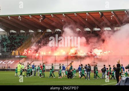 Die Abbildung zeigt ein Fußballspiel zwischen Cercle Brügge und Club Brügge am Sonntag, den 19. Februar 2023 in Brügge, am 26. Tag der ersten Liga der „Jupiler Pro League“ 2022-2023 der belgischen Meisterschaft. BELGA FOTO BRUNO FAHY Stockfoto