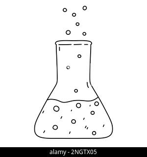 Kolben mit chemischer Flüssigkeit in handgezogener Kritzelform. Malbuch für Kinder Stock Vektor