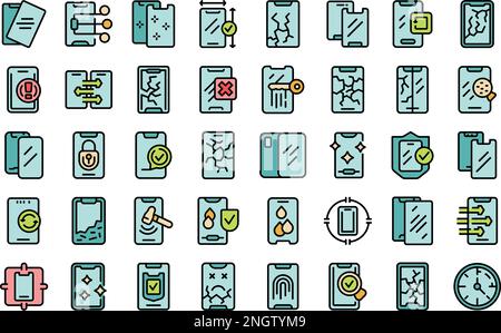 Schutzglas für Smartphone-Symbole legt Konturvektor fest. Glasriss. Defekte Bildschirmfarbe flach auf Weiß Stock Vektor