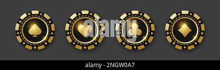 Diamanten, Schläger, Herzen, Pik-Chips. Ein Set mit goldenen und schwarzen Pokerchips. Spielmarken mit Anzügen für Poker und Casino. Vektordarstellung. Für ga Stock Vektor