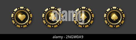 Diamanten, Schläger, Herzen, Pik-Chips. Ein Set mit goldenen und schwarzen Pokerchips. Spielmarken mit Anzügen für Poker und Casino. Vektordarstellung. Für ga Stock Vektor