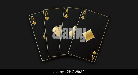 Handfan von Spielkarten, bestehend aus vier schwarzen und goldenen Pik-Ass, Diamanten, Clubs, Herzen. Vektorbildpoker und Kasino von allen Stock Vektor