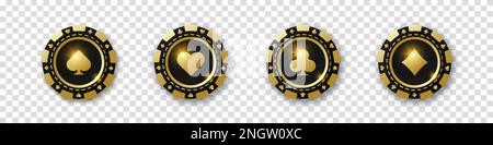 Diamanten, Schläger, Herzen, Pik-Chips. Ein Set mit goldenen und schwarzen Pokerchips. Spielmarken mit Anzügen für Poker und Casino. Vektordarstellung. Für ga Stock Vektor