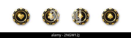 Diamanten, Schläger, Herzen, Pik-Chips. Ein Set mit goldenen und schwarzen Pokerchips. Spielmarken mit Anzügen für Poker und Casino. Vektordarstellung. Für ga Stock Vektor