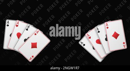 Handfan von Karten, die aus vier Pik-Affen, Diamanten, Clubs, Herzen bestehen. Vektorbildpoker und Casino aller Asse auf einem schwarzen T Stock Vektor