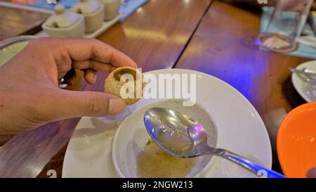 Ein indischer Mann hält Panipuri oder Golgappa oder Puchkas mit Kartoffelmasala und gießt Pani mit silbernem Löffel hinein. Stockfoto