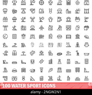 100 Symbole für Wassersport. Umrissdarstellung von 100 Symbolen für Wassersport, Vektorsatz isoliert auf weißem Hintergrund Stock Vektor