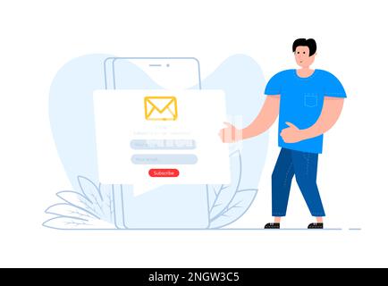 Ein Mann steht in der Nähe des Smartphones, auf dem Bildschirm Abonnement für Newsletter, E-Mail-Marketing Stock Vektor