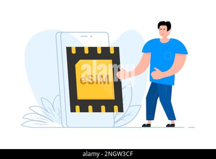 Ein Mann steht neben dem Smartphone, auf dem Bildschirm-eSIM-Chip. Integrierte SIM-Karte. Darstellung des Vektormaterials. Stock Vektor
