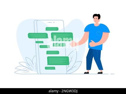 Ein Mann steht in der Nähe des Smartphones, auf dem Bildschirm des Messenger-Chats. Nachricht, Sprechblasen. Stock Vektor