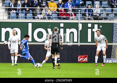 Gents Geschenk Emmanuel Orban in Aktion während eines Fußballspiels zwischen KAA Gent und OH Leuven, Sonntag, den 19. Februar 2023 in Gent, am 26. Tag der ersten Division der belgischen Meisterschaft „Jupiler Pro League“ 2022-2023. BELGA FOTO TOM GOYVAERTS Stockfoto