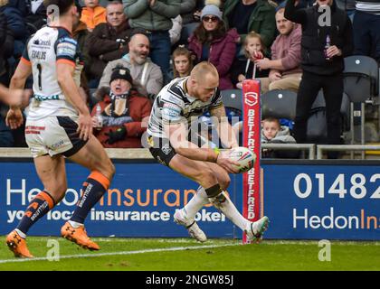 Hull, UK. 19. Februar 2023. Adam Swift vom Hull FC erhält am 19. Februar 2023 in Runde 1 des Betfred Super League Photo Credit Craig Cresswell Photography Credit: Craig Cresswell/Alamy Live News einen Triple Hull FC gegen Castleford Tigers im MKM Stadium, Hull, West Yorkshire, Großbritannien Stockfoto