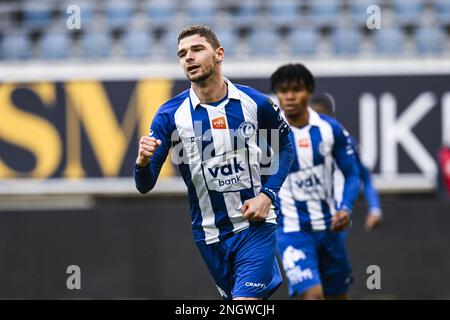 Gent's Hugo Cuypers feiert nach einem Tor während eines Fußballspiels zwischen KAA Gent und OH Leuven am Sonntag, den 19. Februar 2023 in Gent, am 26. Tag der ersten Division der belgischen Meisterschaft „Jupiler Pro League“ 2022-2023. BELGA FOTO TOM GOYVAERTS Stockfoto