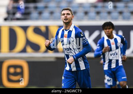 Gent's Hugo Cuypers feiert nach einem Tor während eines Fußballspiels zwischen KAA Gent und OH Leuven am Sonntag, den 19. Februar 2023 in Gent, am 26. Tag der ersten Division der belgischen Meisterschaft „Jupiler Pro League“ 2022-2023. BELGA FOTO TOM GOYVAERTS Stockfoto