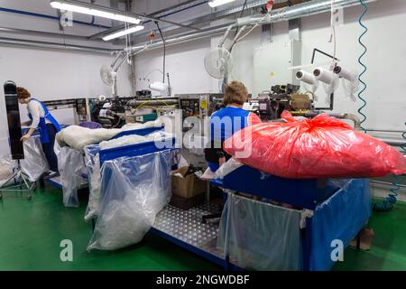 Grodno, Weißrussland - 22. November 2017: Die Frauen sind in der Schneiderei der Strumpfhose in JLLC Conte Spa beschäftigt. Stockfoto