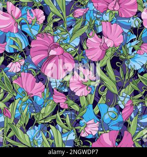 Süße Erbse mit blauen und pinkfarbenen Blumen auf blau-violettem Hintergrund, nahtloses Blumenmuster. Muster für Stoff, Geschenkpapier, Verpackungsdesign, Webseiten, i Stock Vektor
