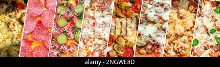 Verschiedene Pizza mit verschiedenen Belägen leckere frische Pizza. Leckere Pizza, Collage, Banner Stockfoto