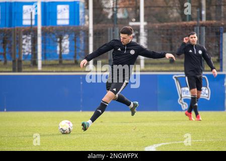 Berlin, Deutschland. 19. Februar 2023. Während des Spiels Hertha Berlin II gegen Tennis Borussia Berlin in der Runde 21 der Regionalen Liga Nordosten, Berlin, 19. Februar 2023. Iñaki Esnaola / Alamy Live News Kredit: Iñaki Esnaola/Alamy Live News Stockfoto