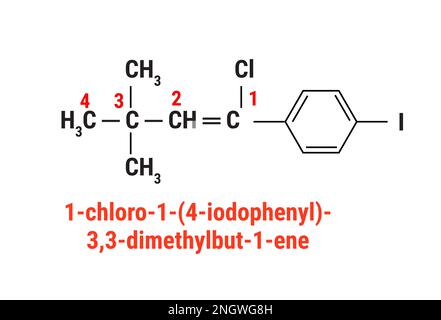 Reaktion von 1-Chlor-1-(4-iodphenyl)-3,3-dimethylbut-1-en Stock Vektor