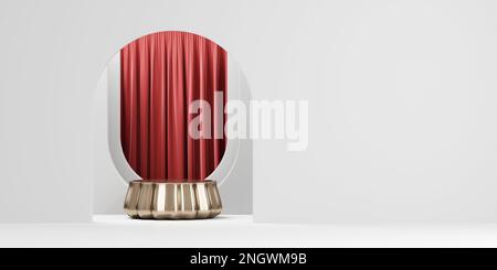 Goldenes 3D-Rendering-Podium mit rotem Vorhang für die Produktpräsentation Stockfoto