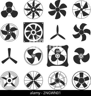 Schwarze Silhouetten-Lüftersymbole. Kaltlüfter, Flugzeugpropeller oder Computerventilator. Air-Logo, Technologie-Turbine-Vektorsymbole Stock Vektor