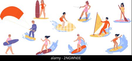 Wassersportcharaktere, Surfen und Windsurfen im Sommer. Cartoon-glückliche Teenager-Surfer, junger Erwachsener auf dem Sup-Board auf See, kuscheliges Vektorset Stock Vektor