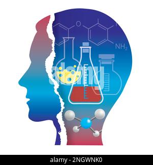 Student der Chemie, Biochemie, zerrissene Papiersilhouette. Stilisierte Silhouette mit männlichem Kopf und chemischen Symbolen und Formeln. Vektor verfügbar. Stock Vektor