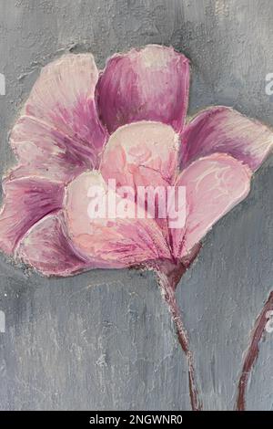 Ein Fragment eines Ölgemäldes. Bunte, strukturierte Blumen werden gestrichen. Abstrakter, farbenfroher Hintergrund. Stockfoto