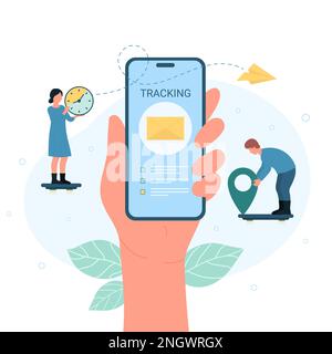 Vektordarstellung der Postverfolgung. Cartoon Tiny People verfolgen den Zustellungsstatus von Briefen mit einer mobilen Mail-App auf einem großen Telefon, Uhr und Positionsanzeiger, einem Smartphone mit Handgriff und einem Umschlag auf dem Bildschirm Stock Vektor
