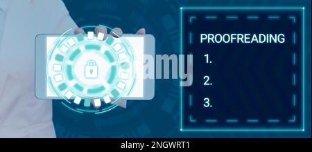 Textzeichen, das Korrekturlesen anzeigt. Geschäftsüberblick über das Lesen und Markieren von Rechtschreibfehlern, Grammatik- und Syntaxfehlern Stockfoto