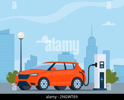 Aufladen von Elektroautos, Seitenansicht. Moderne Stadtlandschaft mit Hochhäusern, Wolkenkratzern. Ökologisch sauberer Verkehr, Öko-Stadt. Vektor-Illustration Stock Vektor