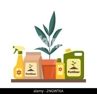 Topfpflanze und Bodenfüllung. Pflanzboden, verschiedene Düngemittel in Flaschen und Sprühpistole. Vektordarstellung in flacher Form Stock Vektor