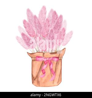 Stiele rosa getrockneter Kräuterblumen in einem Handwerkskorb. Handgezeichnete Aquarelldarstellung isoliert auf weißem Hintergrund. Für Postkarten, Poster, Aufkleber Stockfoto