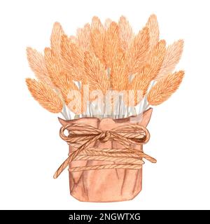 Stiele gelber getrockneter Kräuterblumen. Handgefertigter Korb mit Schleife. Handgezeichnete Aquarelldarstellung isoliert auf weißem Hintergrund. Für Postkarten, Poster. Stockfoto