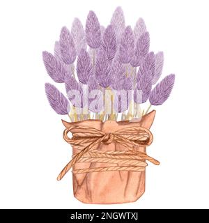 Stiele von fliedergetrockneten Kräuterblumen. Handgefertigter Korb mit Schleife. Handgezeichnete Aquarelldarstellung isoliert auf weißem Hintergrund. Für Postkarten, Poster. Stockfoto